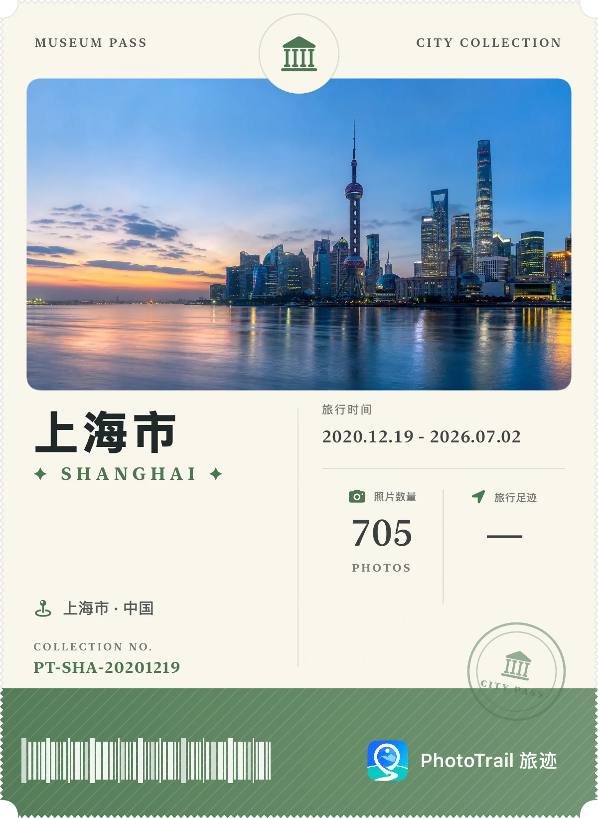 旅迹 PhotoTrail 生成的上海城市收藏票根，展示城市照片、旅行日期、照片数量和收藏编号，内容为模拟旅行数据